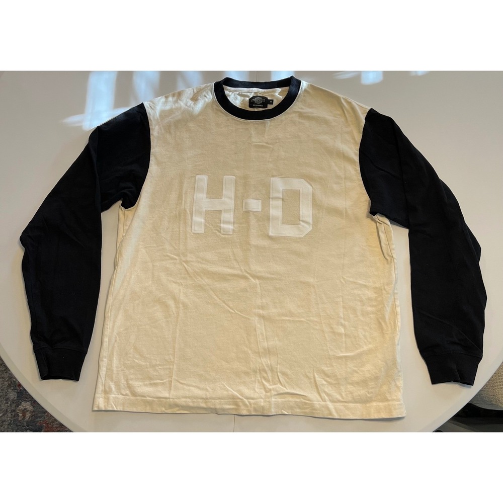 Y2K Harley Davidson Originals Grunge Long Sleeve T Shirt Cream Black HD Logo XL